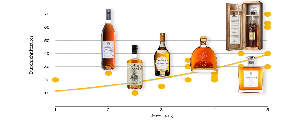 Titelbild 6 cognac Flaschen auf Graph